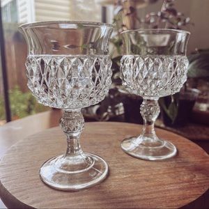 Vintage Indiana Glass Diamond Point Stemmed Wine Goblet Set of 2